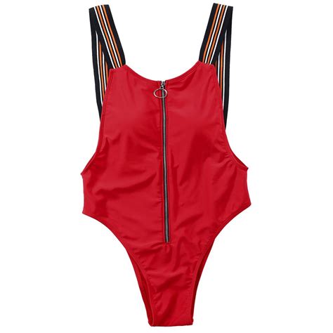 2021 Zip Front One Piece Swimwear High Waist Swimsuit Striped Red Bathing Suit Backless Beach