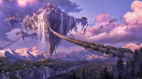 Fantasy Art Artwork Digital Art Chains Waterfall Forest Clouds