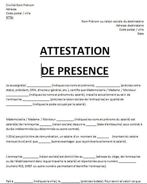 A Document With The Words Attestation De Presence Written In Black And