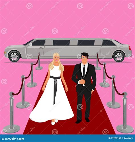 Wedding Bride And Groom White Limousine Flat Design Vector