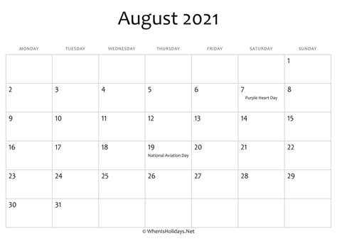 August 2021 Calendar Printable With Holidays Whenisholidaysnet