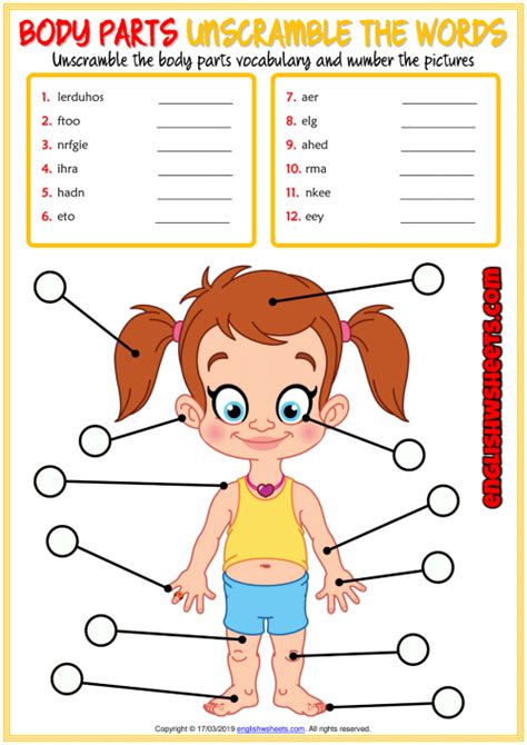 Apr 09, 2014 · human body parts list. Body Parts ESL Unscramble the Words Worksheet For Kids