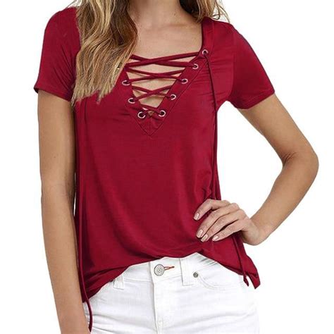 Sexy Lace Up Deep V Neck Short Sleeve Tees Lace Up T Shirt Blouses