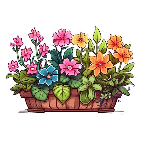 Flowers In Pot In Outline Style Flower Bed For The Window Png