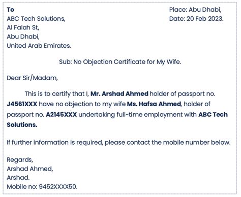 Noc Letter From Husband To Wife For Job Sample Of No Objection Letter