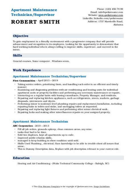 Whatever environment and industry your supervisory experience is in, you can use this sample resume to write your own relevant resume. Apartment Maintenance Technician Resume Samples | QwikResume