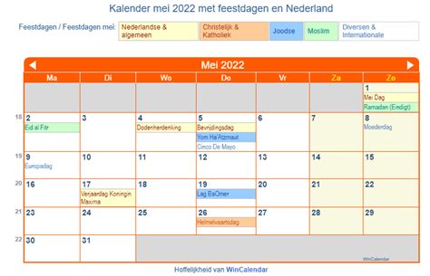 Nederland Kalender Voor Afdrukken Mei 2022