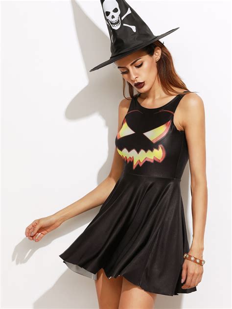 Black Pumpkin Print Sleeveless Halloween Dress Sheinsheinside