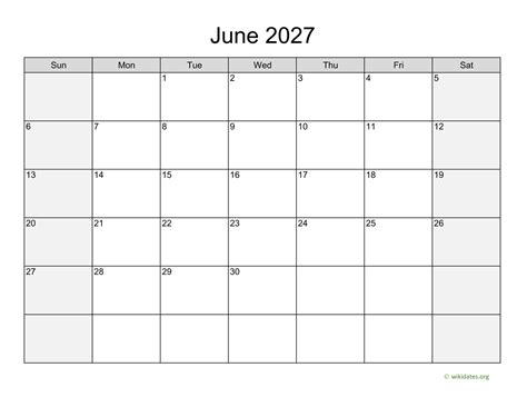 June 2027 Calendar With Weekend Shaded