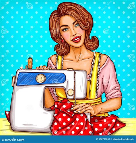 Pop Art Woman Dressmaker Seamstress Or Sewer Sketch Illustration At