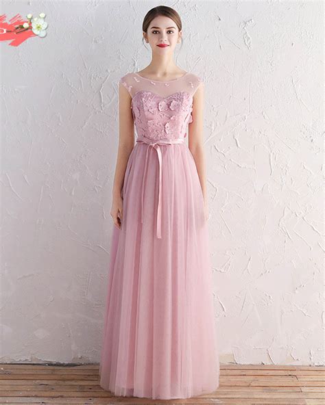 Pink Tulle Scoop Neck Long A Line Prom Dress Bridesmaid Dress With