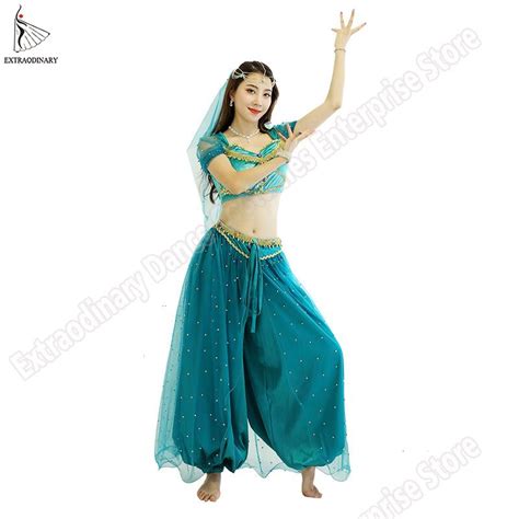 Genie Jasmine Arabian Belly Dance Princess Aladdin Fancy Dress Up Costume Pieces Set Top Pants