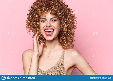 Woman Portrait Curly Hair Fun Smile Red Lips Wide Open Mouth Attractive