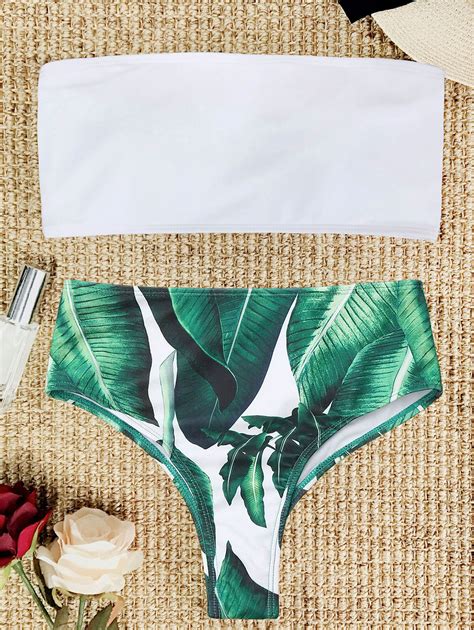 Sexy Swimsuit Strapless Palm Leaf High Cut Bandeau Bikini Set Bathing