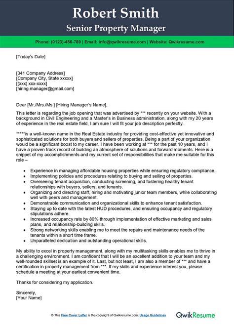 Senior Property Manager Cover Letter Examples Qwikresume