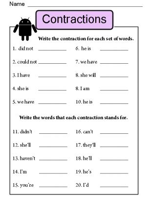 contractions worksheets  improving  grammar