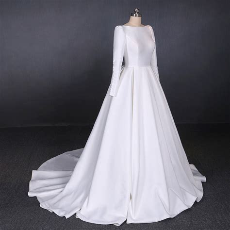 Simple A Line Long Sleeves Satin Wedding Dresses New Arrival White Lo
