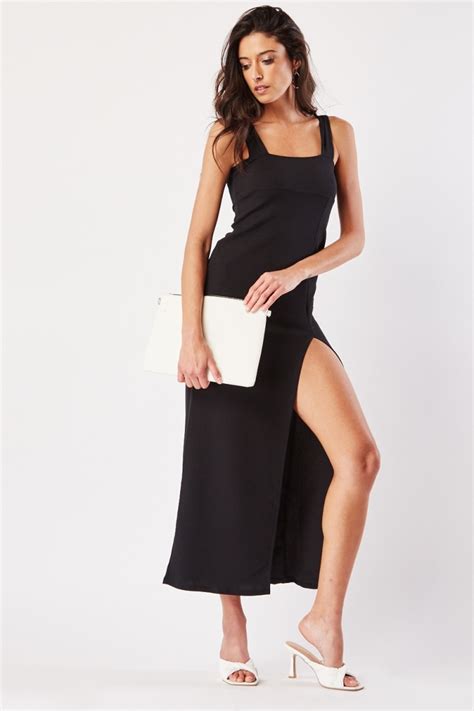 Textured Side Slit Bodycon Dress Black Or Navy Just 4