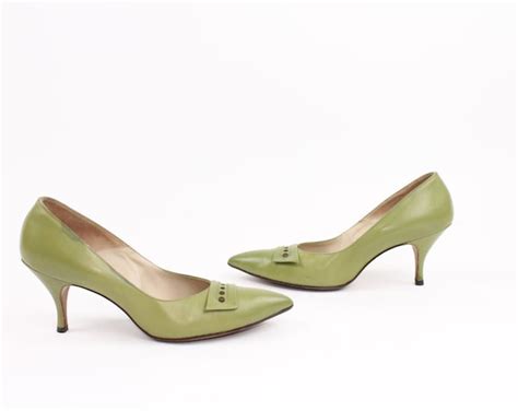 50s Pumps Heels Stilettos Olive Sage Green Leather Pointed Etsy