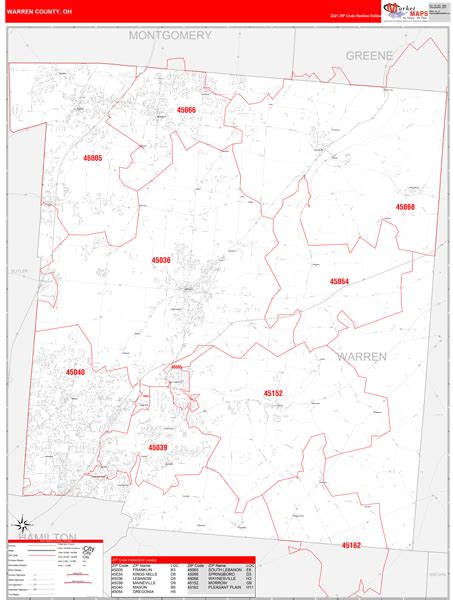 Warren County Oh Zip Code Wall Map Red Line Style By Marketmaps Mapsales