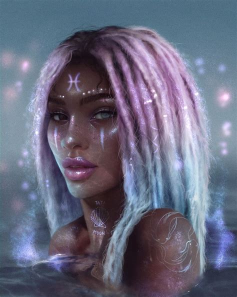A Digital Painting Of A Woman With Pink Hair And Zodiac Signs On Her