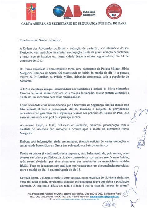 Oab De SantarÉm Oab Envia Carta Aberta Ao Secretário De Segurança Pública Do Pará