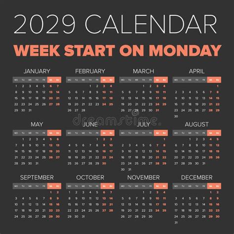 Simple 2029 Year Calendar Stock Vector Illustration Of Week 87637568