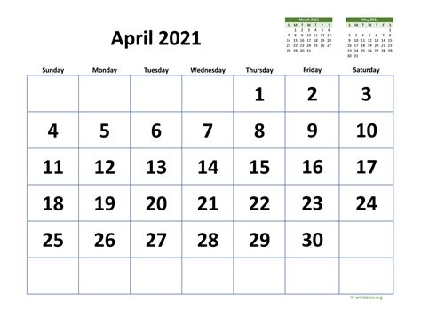 April 2021 Calendar With Extra Large Dates
