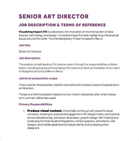 A well targeted brief can be the making of a great campaign. 9+ Art Director Job Description Templates - DOC, PDF ...