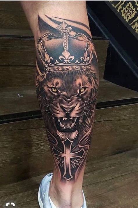 Large Roaring Lion Wearing A Crown Leg Tattoo Arm Tattoos For Man