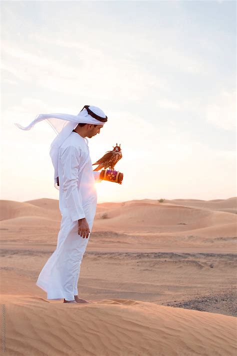 Arabian Man In Desert With Falcon Dubai United Arab Emirates By Hugh