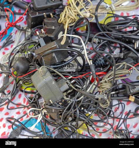 Electric Power Chargers And Cables Wires Mess Stock Photo Alamy