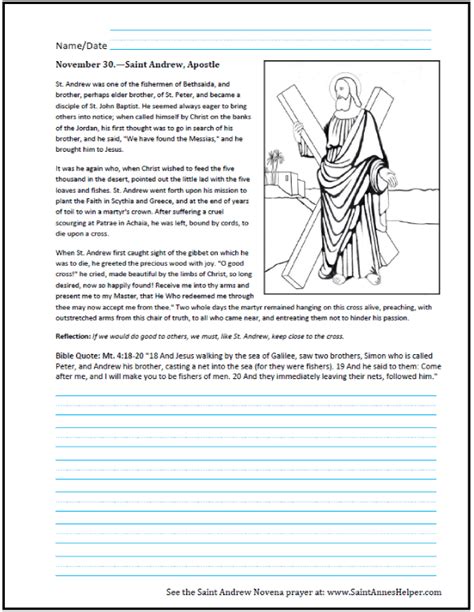 Saint Andrew The Apostle Prayer Card Coloring Page And Worksheet