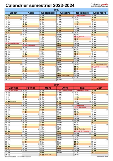 Calendrier Semestriel 2023 2024 Excel Word Et Pdf