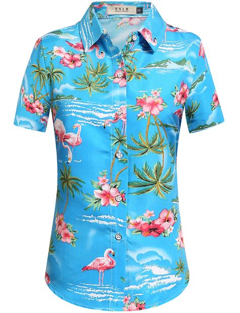 Sslr Hawaiian Shirt For Women Flamingo Short Sleeve Casual Button Down Shirts Beach Aloha Tops