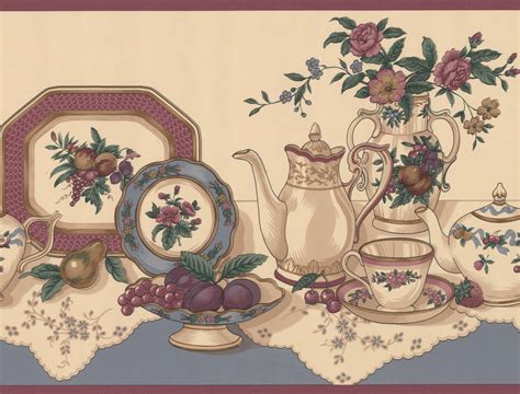 Wallpaper Border Table With Tea Party Set Fruits Kitchen Beige Wide