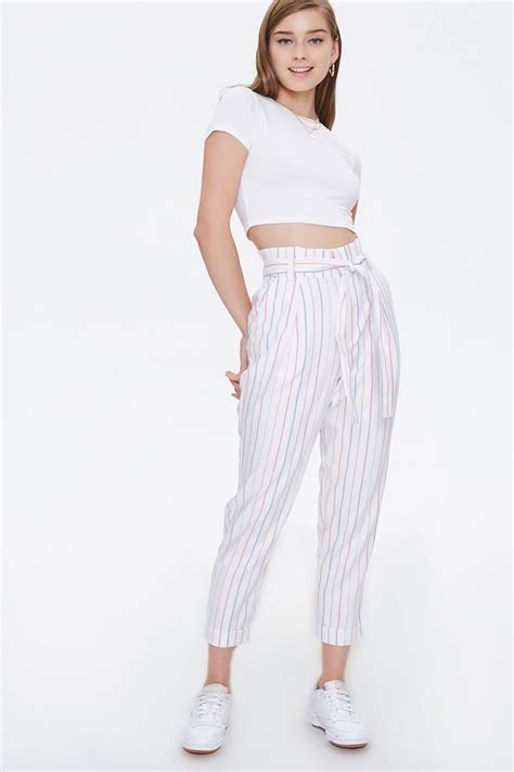Cuffed Striped Paperbag Pants Forever 21 Bottom Clothes Paperbag Pants Striped
