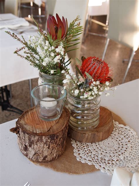 Rustic Stumps As Wedding Centrepieces With Australia Native Flowers