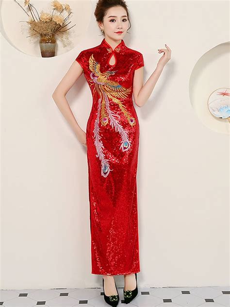 Red Seuined Qipao Cheongsam Evening Dress With Phoenix Embroidery CozyLadyWear
