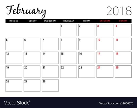 February 2018 Printable Calendar Planner Design Vector Image