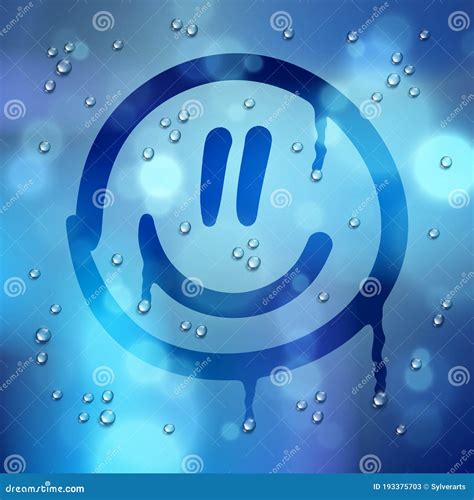 Cute Smiley Drawn On A Window Over Blurred Background And Water Rain