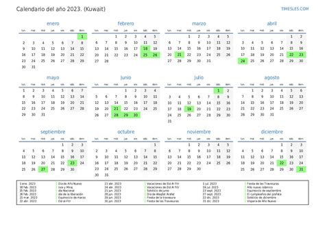 Calendario 2023 Con Días Festivos En Kuwait Imprimir Y Descargar