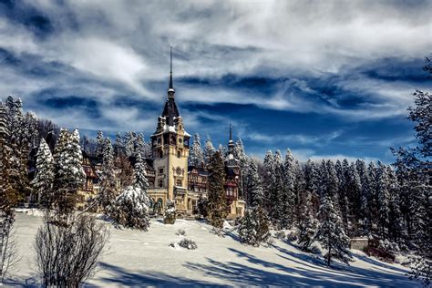 Download Sky Forest Snow Winter Romania Castle Man Made Peles Castle Hd