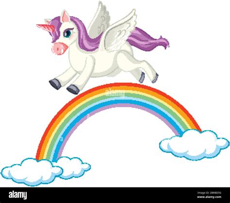 Cute Purple Unicorn In Flying On Rainbow Position On White Background