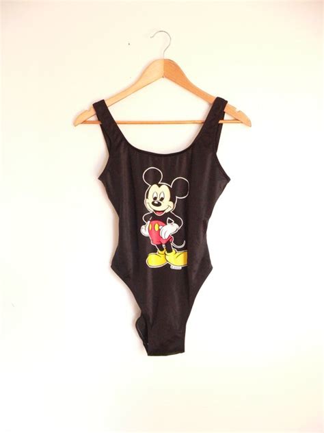 80s Black Mickey Mouse One Peice Bathing Suit Ml
