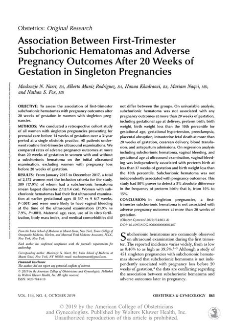 Association Between First Trimester Subchorionic Hematomas And Adverse
