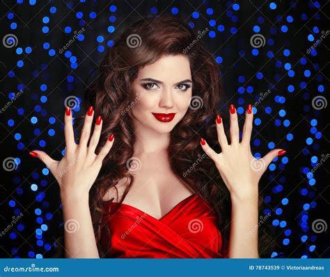 Manicured Nails Beautiful Brunette Girl With Healthy Curly Hair Stock Image Image Of Brunette
