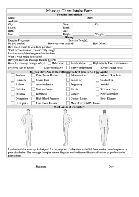 massage client intake form printable pdf download