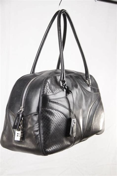 Prada Black Leather Bowling Bag Satchel Bowler Gm Purse Handbag For