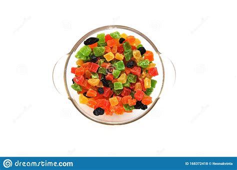 Assorted Candied Fruits In A Glass Dish On A White Background Stock